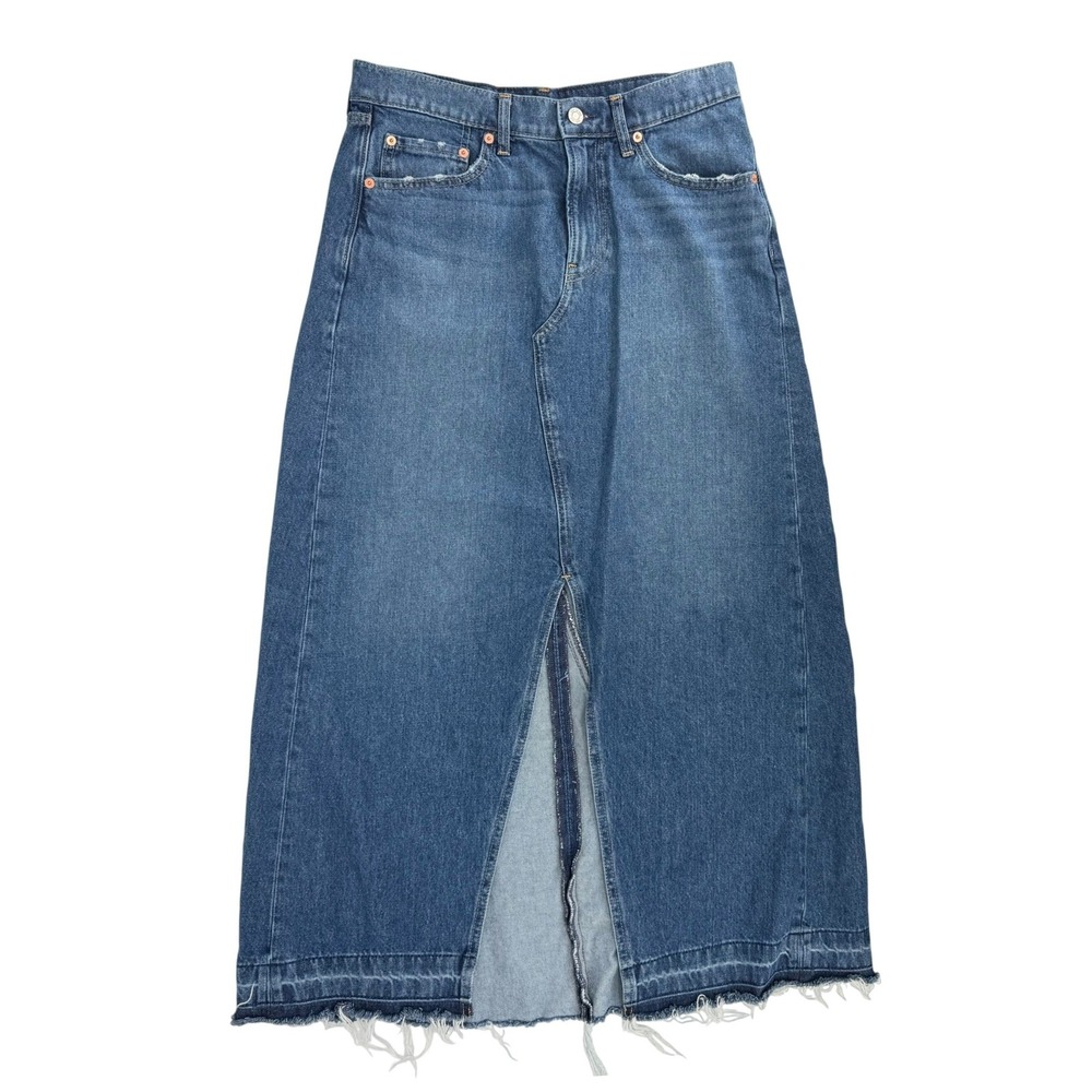 Gap Denim Maxi Skirt Womens 29/8 Medium Indigo Excellent Raw Hem Front Slit